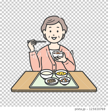 一位微笑的老年婦女正在吃飯的上半身插圖 123810769