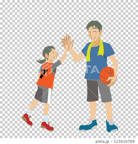 父母和孩子在籃球練習期間擊掌 123810789