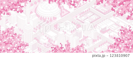 桜咲く春の街並みのイラスト. アイソメ図. 123810907