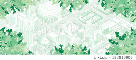 新緑の街並みイラスト. アイソメ図. 123810909