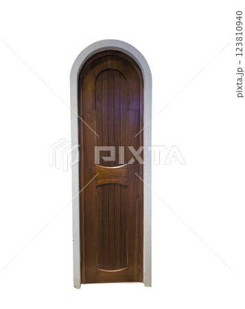 Arched Wooden Door with Stone Frame 123810940