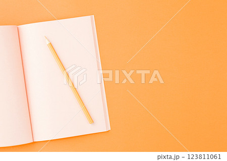 Pink sketchbook with colored pencils. 123811061