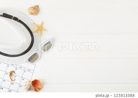 Calendar sheet with marine souvenirs. 123811088