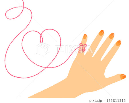 女性の左手の小指に結びついている赤い糸 女性の左手の小指に結びついている赤い糸 123811313