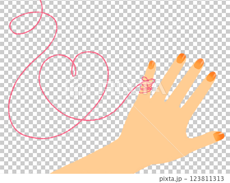 女性の左手の小指に結びついている赤い糸 女性の左手の小指に結びついている赤い糸 123811313