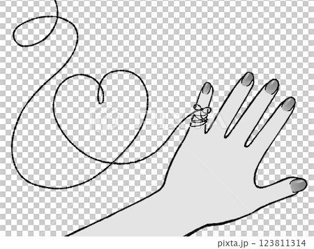 A red thread tied to the pinky finger of a woman's left hand 123811314