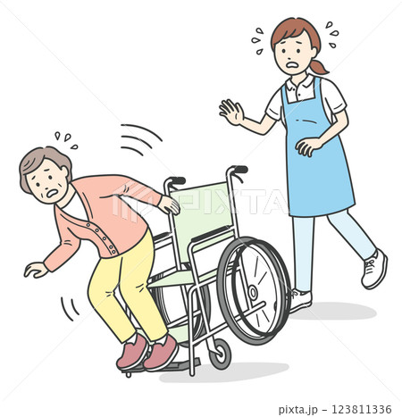 車椅子で転倒しそうになる高齢女性と慌てて駆け寄る介護士 123811336