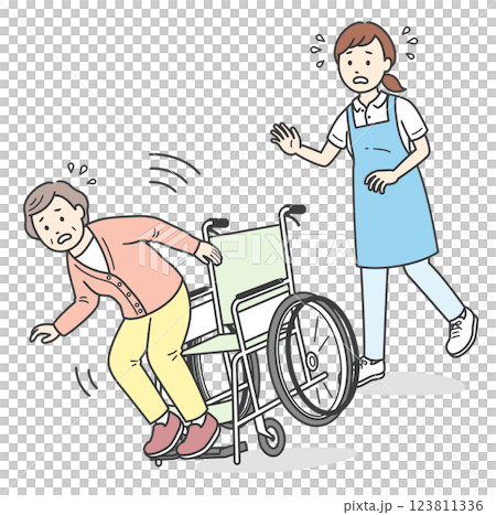 車椅子で転倒しそうになる高齢女性と慌てて駆け寄る介護士 123811336
