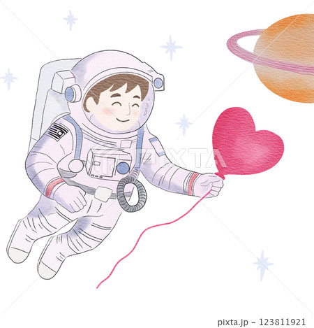 A smiling astronaut floating in space while holding a heart shaped balloon. 123811921