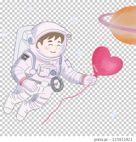 A smiling astronaut floating in space while holding a heart shaped balloon. 123811921