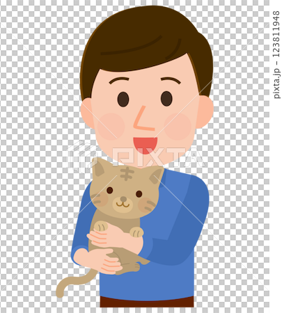 猫を抱く男性　イラスト 123811948