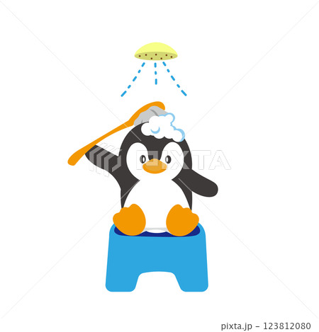 シャワーを浴びて、頭をブラシで洗うペンギンのイラスト シャワーを浴びて、頭をブラシで洗うペンギンのイラスト 123812080