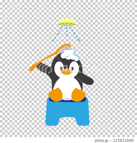 シャワーを浴びて、頭をブラシで洗うペンギンのイラスト シャワーを浴びて、頭をブラシで洗うペンギンのイラスト 123812080