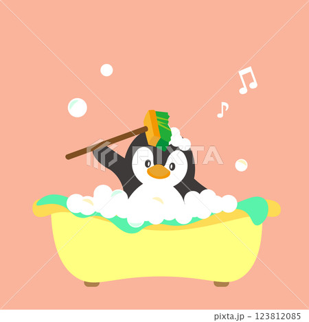風呂につかりながら、デッキブラシで体を洗うペンギンのイラスト 風呂につかりながら、デッキブラシで体を洗うペンギンのイラスト 123812085