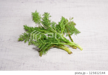 Homegrown organic dill leaves isolated on white wood background. 123812144