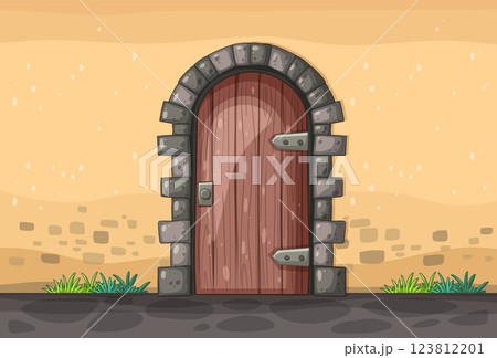 Rustic Wooden Door in Stone Wall 123812201