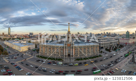 Yekaterinburg City Administration or City Hall and Central square at summer evening. Evening city in the summer sunset, Aerial View. 123812506