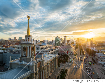 Yekaterinburg City Administration or City Hall and Central square at summer evening. Evening city in the summer sunset, Aerial View. 123812515