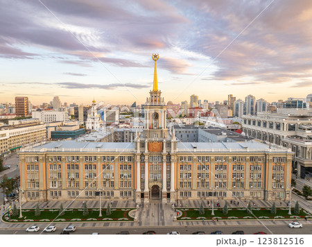 Yekaterinburg City Administration or City Hall and Central square at summer evening. Evening city in the summer sunset, Aerial View. 123812516