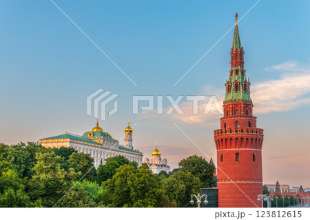Vodovzvodnaya Tower at southwestern corner of Moscow Kremlin, overlooking Moscow River. Moscow, Russia 123812615