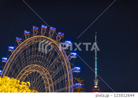 View of the 'Sun of Moscow' Ferris wheel located in VDNKh park in Moscow View of the 'Sun of Moscow' Ferris wheel located in VDNKh park in Moscow 123812644