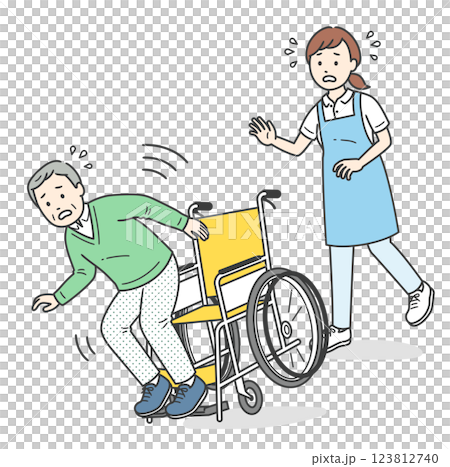 輪椅上的老人即將摔倒，護理人員衝過去扶他 123812740