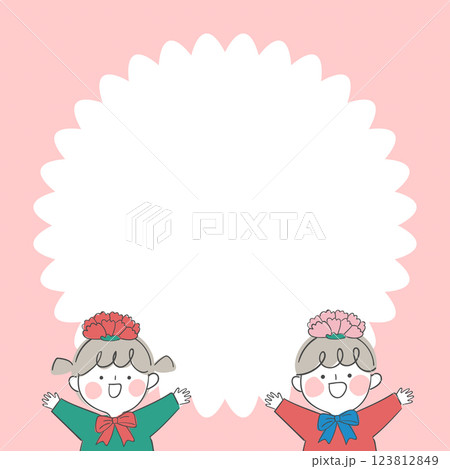 Frame illustration of children with carnation flower headbands Frame illustration of children with carnation flower headbands 123812849