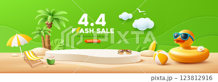 Summer flash sale podium, Duck yellow shaped inflatable ring, beach umbrella, coconut tree, banner design Summer flash sale podium, Duck yellow shaped inflatable ring, beach umbrella, coconut tree, banner design 123812916