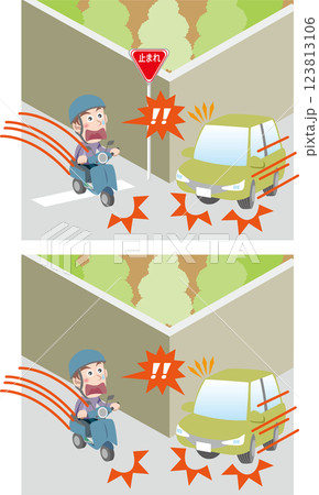 交通安全<交差点の出会い頭交通トラブル・バイク・スクーター・車・一時停止> 交通安全<交差点の出会い頭交通トラブル・バイク・スクーター・車・一時停止> 123813106