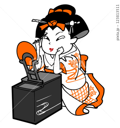 鏡に向かってお化粧をする舞子さん 123813511