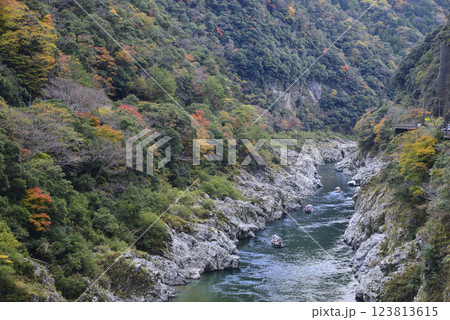 紅葉の大歩危峡と行き交う観光遊覧船 123813615
