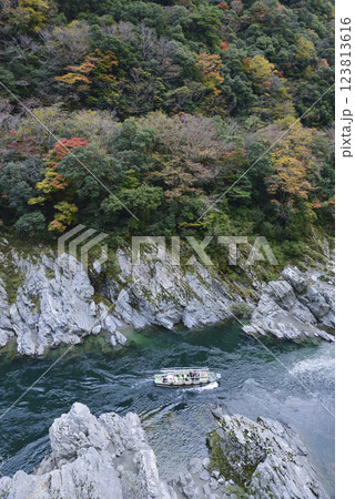 紅葉の大歩危峡金毘羅瀬を遡上する遊覧船 123813616