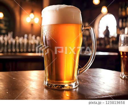 居酒屋のカウンターに置かれた生ビール 123813658