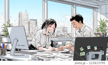 OJT：オフィスで、部下（後輩）を指導するマネージャー