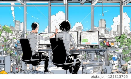 OJT：オフィスで、部下（後輩）を指導するマネージャー