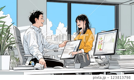 OJT：オフィスで、部下（後輩）を指導するマネージャー