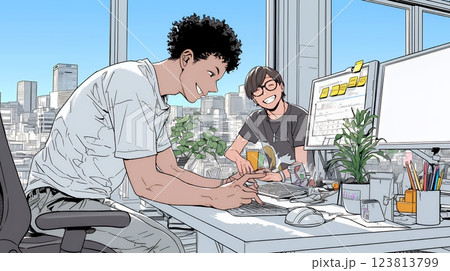 OJT：オフィスで、部下（後輩）を指導するマネージャー