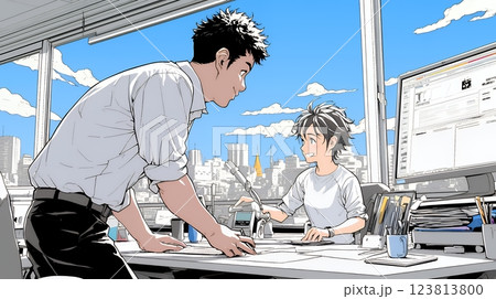 OJT：オフィスで、部下（後輩）を指導するマネージャー