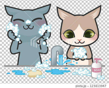 顔を洗っている猫のキャラクターと手を洗っている猫のキャラクター 123813947