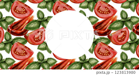 Watercolor frame with tomatoes, basil, and sauce Watercolor frame with tomatoes, basil, and sauce 123813980