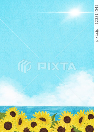 海とひまわりと空と太陽の見える水彩イラスト 海とひまわりと空と太陽の見える水彩イラスト 123814543