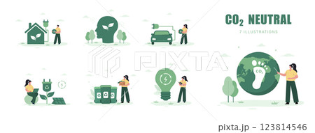 CO2 Neutral. Energy efficiency in household and industry. Characters using alternative energy. Net zero. Set of Vector illustration in flat cartoon style CO2 Neutral. Energy efficiency in household and industry. Characters using alternative energy. Net zero. Set of Vector illustration in flat cartoon style 123814546