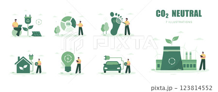 CO2 Neutral. Characters working in green recycling industry. ESG, green energy, sustainable industry. Net zero. Set of Vector illustration in flat cartoon style CO2 Neutral. Characters working in green recycling industry. ESG, green energy, sustainable industry. Net zero. Set of Vector illustration in flat cartoon style 123814552