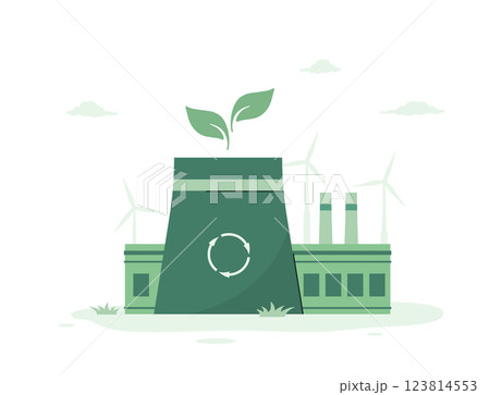 CO2 neutral. Green industrial factory with renewable energy. Low carbon and environmental responsibility concept. Net zero. Vector illustration in flat cartoon style 123814553