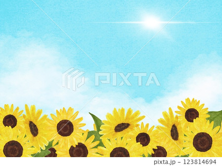 ひまわりと空と太陽の見える水彩イラスト ひまわりと空と太陽の見える水彩イラスト 123814694