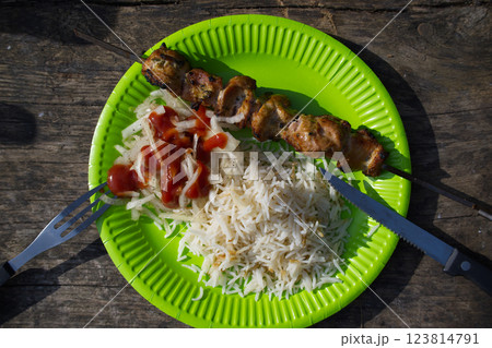 A vibrant green plate presents a satisfying meal of shashlik, rice, and salad outdoors. A vibrant green plate presents a satisfying meal of shashlik, rice, and salad outdoors. 123814791