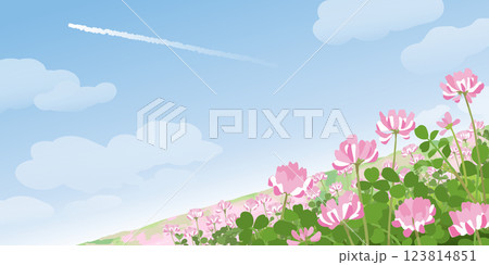 青空のもと一面に広がるれんげ畑 遠近感のある背景イラスト 123814851