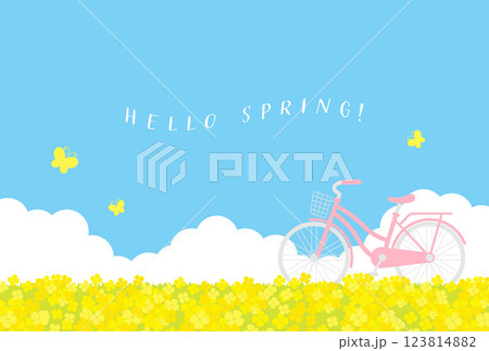 菜の花畑と自転車のある風景　背景イラスト 123814882