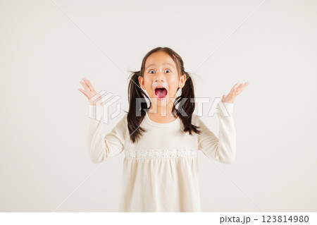 A jubilant kid girl raises her fists in celebration of her success, saying yes with excitement. Asian portrait of a happy young kindergarten child in a studio shot on a white background, winning 123814980