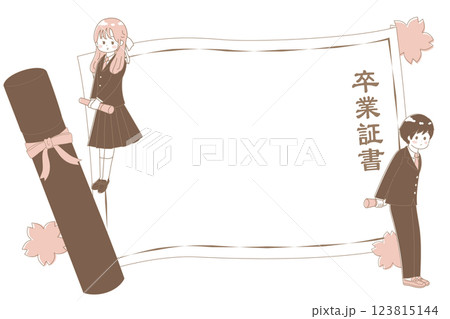 空欄の卒業証書とブレザーの制服を着た可愛い女の子と男の子のセピア調のイラスト 123815144